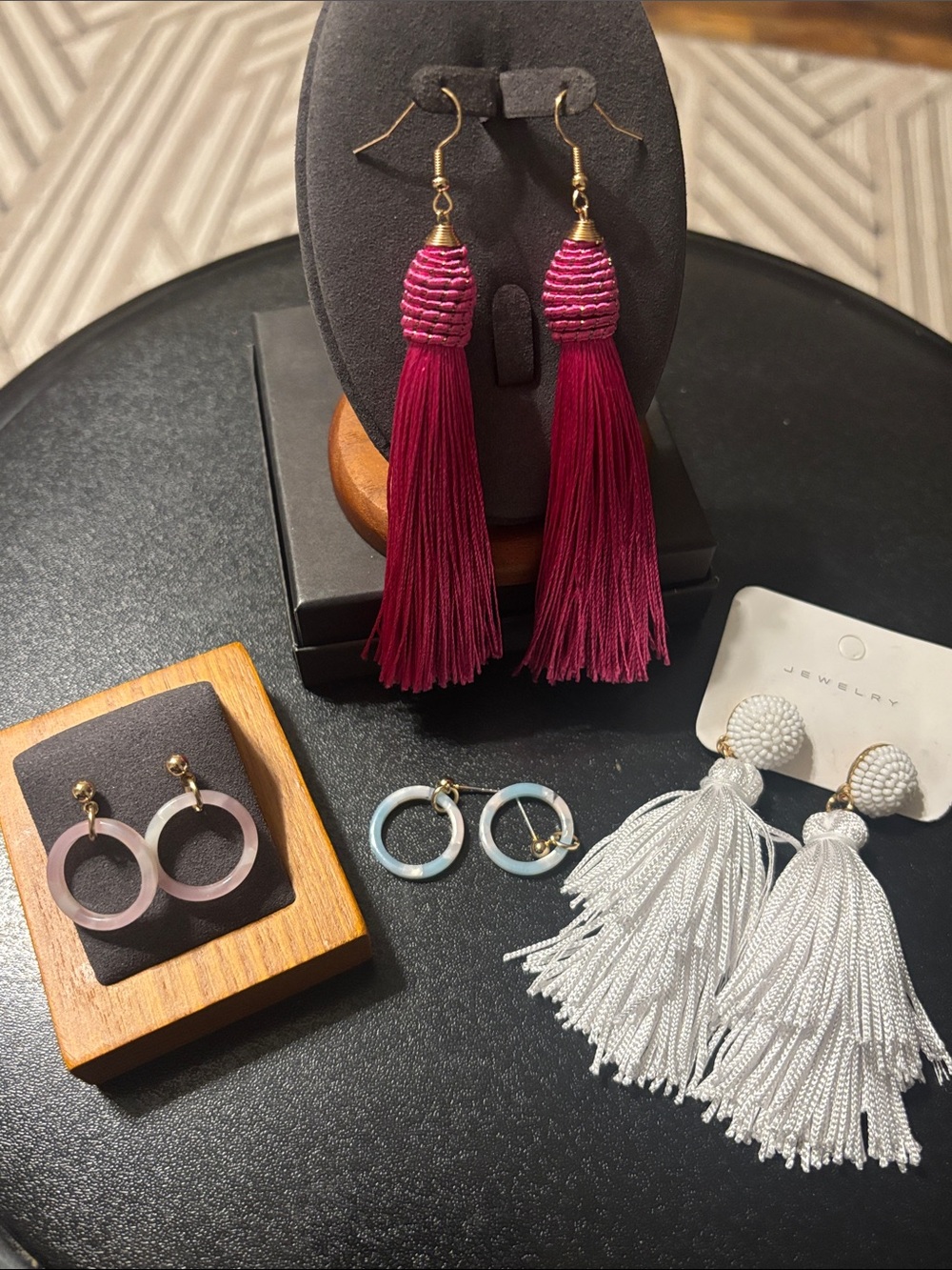 Tassel Drop Earring Fuchsia White with Marbled Pink and Marble Blue Circle Studs